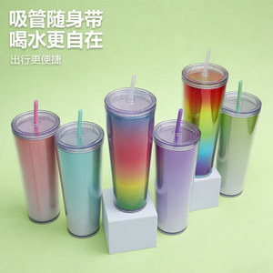 Colorful Double Wall Plastic Cup 26oz With Straw For Party Drinkware Unisex Adult Use - Product Image 3