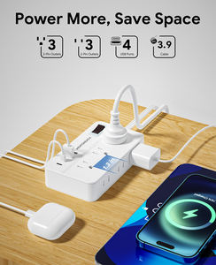 Multiprise avec protection contre les surtensions, 6 prises et 4 ports USB, prise angulaire, en ABS et PC, 15A 1875W, couleur personnalisable, faible MOQ, pour usage domestique, charge rapide - Product Image 4