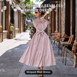 Robe midi décontractée d'été 2026 pour femme, tissée, mode loisirs, taille empire, sans manches, rayée, coupe trapèze, avec ceintures, lavable - Product Image 2