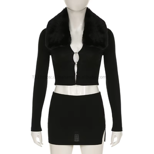 Fall/Winter Women's Faux Fur Collar Lace-Up Button-Up Long-Sleeve Top With <b>Split</b> <b>Skirt</b> Casual 2-Piece Set Fashion - Product Image 6