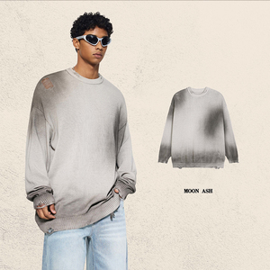 Pull en maille unisexe style streetwear américain 425G, délavé vintage, effet déchiré et troué, col rond, coupe oversize, pour usage quotidien - Product Image 3