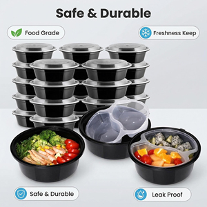 Contenants de préparation de repas carrés et ronds, 2/3 compartiments, en plastique transparent, pour emporter - Product Image 1