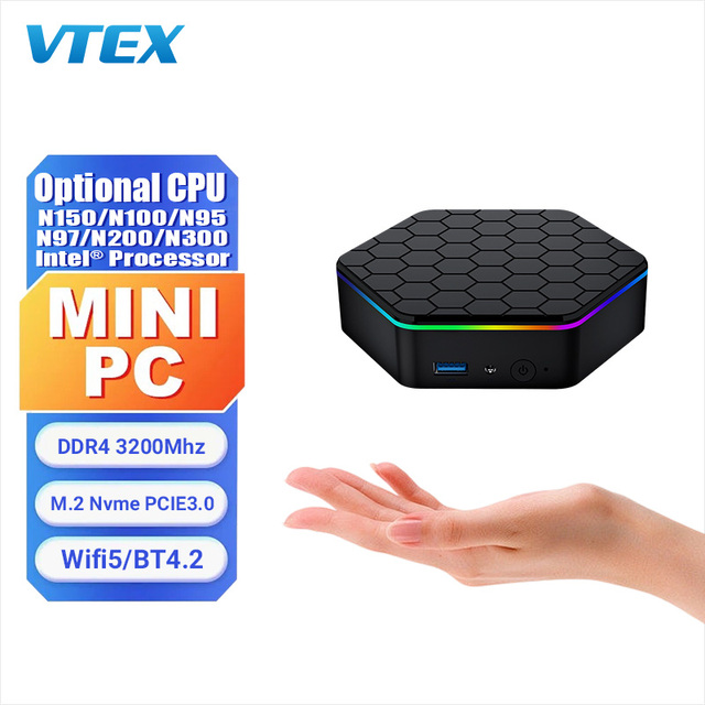Ultra Compact RGB Mini PC  DDR4 16GB WiFi6 BT5 CPU N95 N100 N150 Options Desktop Win Honeycomb Surface  Industrial Fanless PC