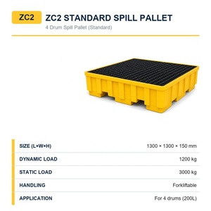 Bac <span class=keywords><strong>de</strong></span> récupération des liquides jaune peu profond à grille carrée, parois côtelées, ouvertures frontales pour chariots élévateurs, pour la collecte des gouttes des fûts - Product Image 2