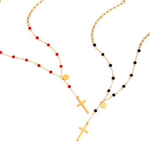 18K Gold Stainless Steel <b>Cross</b> Pendant Necklace Black Glass Bead <b>Chain</b> Everyday Wear Unisex - Product Image 5