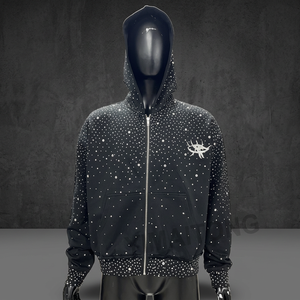 Sweat à capuche streetwear personnalisé, coupe ample, brodé de strass, délavé à l'acide, effet soleil, 420 g/m², fermeture éclair, 100 % coton, motif lettres - Product Image 3