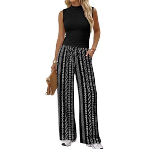 Conjunto de dos piezas para mujer, ropa de verano sin mangas, cuello simulado, tejido de punto, ropa informal para estar en casa, ropa transpirable para vacaciones - Product Image 1