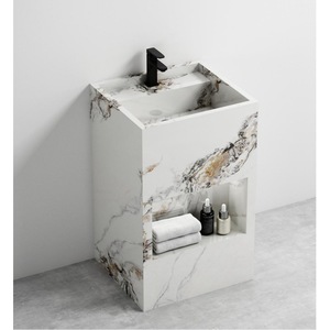 Mueble de Baño CR con Espejo LED, Lavabo de Cerámica de Una Pieza, Gabinete Flotante de Doble Capa, Gris - Product Image 4