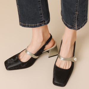Large <b>Size</b> 48 Women Square Toe Satin Sandals Party Back Strap 6cm Chunky High <b>Heels</b> Wide Fit Pearl Buckle Shoes - Product Image 2