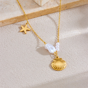 Korean Style Gold Plated Necklace With Pearl Starfish Scallop Pendant Stainless Steel Chain Everyday Wear - Product Image 2