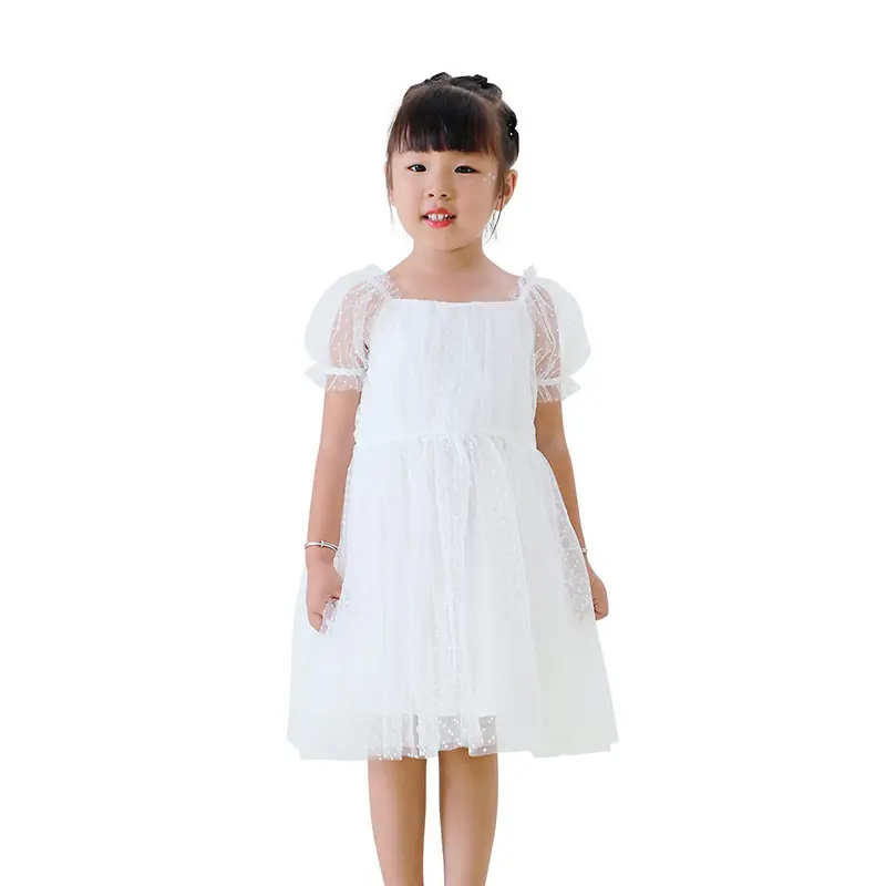 New Arrival Summer Puff Short Sleeves Gowns Dresses Children Kids Mesh Princess Party Wear Sweet Girls Tulle Dress