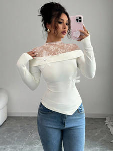 Camisa de Moda para Mujer, Estilo Casual, Cuello Alto con Encaje, Corte Ajustado, Poliéster Suave, Panelada, Primavera/Verano - Product Image 5