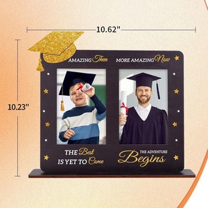 <span class=keywords><strong>Cadre</strong></span> photo de remise de diplôme Classe de 2026, double <span class=keywords><strong>cadre</strong></span> photo ThenNow avec paillettes et toque de diplômé, souvenir de bureau en bois, cadeau de remise de diplôme - Product Image 2