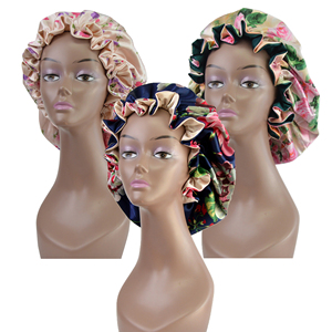 Hochwertiger Digitaldruck Frauen Schlaf Seide Satin Hauben Gummiband Haar abdeckung Doppels chicht Blumenmuster Haars chönheit - Product Image 2