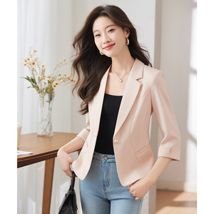 Women's Apricot Colored Summer Thin Blazer 3/4 Sleeve Solid Color Breathable Polyester Women's Blazers - Product Image 5