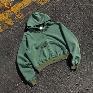 ผู้ผลิตเสื้อผ้าสตรีทแวร์ ฮู้ดดี้โลโก้สั่งทำพิเศษ 450 500 GSM ผ้าฝ้าย 100% เฟรนช์เทอร์รี่ ฮู้ดดี้ซิปแบบขาดๆ รุ่ยๆ - Product Image 1