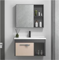 Meuble-lavabo mural moderne pour salle de bain, en aluminium kaki, avec comptoir en céramique alvéolée, porte en verre, étagère ouverte et unité de rangement à cadre noir
