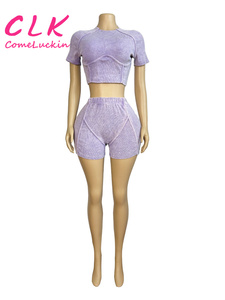 Abiti estivi lavati a costine con Logo personalizzato 2 set <span class=keywords><strong>di</strong></span> due pezzi tute da ginnastica 2024 donna a maniche corte - Product Image 4