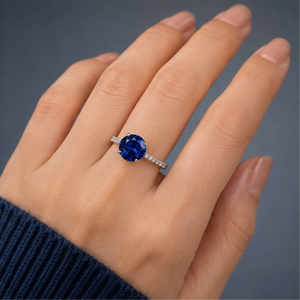 Bague de fiançailles solitaire en argent sterling 925 avec saphir bleu royal taille ronde, bande d'accentuation, bijoux fins pour femme - Product Image 5