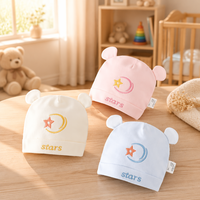 Bonnet pour nouveau-né avec oreilles 3D, broderie étoile et lune, coton doux de classe A, double couche, bonnet pour bébé de 0 à 3 mois