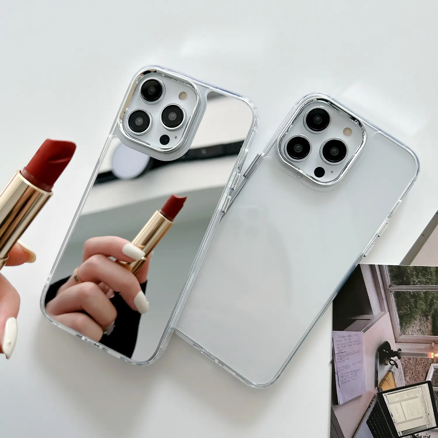 Vrouwen Meisjes Luxe Verzilverd Spiegel Make-Up Schokbestendige Achterkant Telefoonhoesje Voor Iphone 7 8 Plus Xs Xr 11 12 13 14 Pro Max