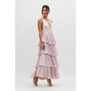 Customized New Hot Selling <b>Women's</b> Clothing <b>Light</b> <b>Blue</b> Sleeveless V-neck Tie Back Tiered Maxi <b>Dresses</b> Summer Sexy Chiffon <b>Dress</b> - Product Image 1