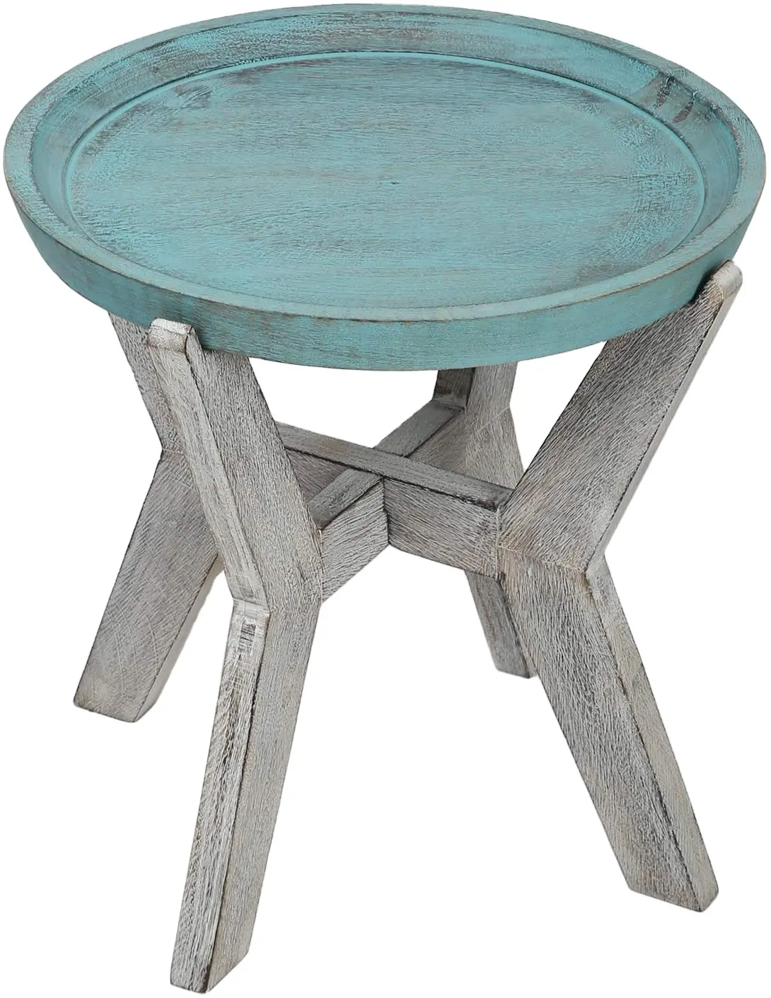 Tavolo da portata in legno con estremità laterale rotonda in legno rustico blu vassoio pieghevole in difficoltà