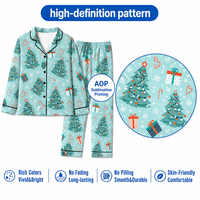 Pyjama personnalisé de Noël en polyester pour femme, motif arbre aquatique et canne à sucre, col cranté, livraison directe, MOQ 1 pièce