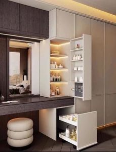<strong>Bedroom</strong> Floating <strong>Vanity</strong> <strong>Unit</strong>, with Dark Wood Pillars and Open Shelves LED Decorative Lights - Product Image 1