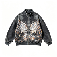 Jaket Kerah Tegak Warna Gelap Pudar Bergaya Distressed Kornit DTG Glowing Wing Art Print Hiasan Berlian Imitasi Model Drop Shoulder Streetwear