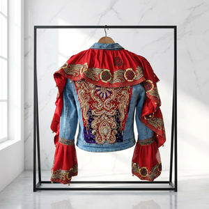 <b>Women's</b> Denim Trucker <b>Jacket</b> With Red Embroidered Cape Floral Pattern Turn-Down Collar Full Sleeve <b>Spring</b> Style - Product Image 4