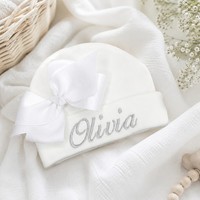 Gorro de Bebé de Algodón Blanco con Lazo, Suave, Transpirable y Amigable con la Piel, Tejido, para Recién Nacidos, Protege la Fontanela, Venta al por Mayor de Fábrica/OEM