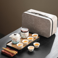 Service à thé Kung Fu chinois, nouveau style chinois, en céramique sous glaçure, motif fleur de glycine, sac en cuir, pour voyage en extérieur, vente en gros