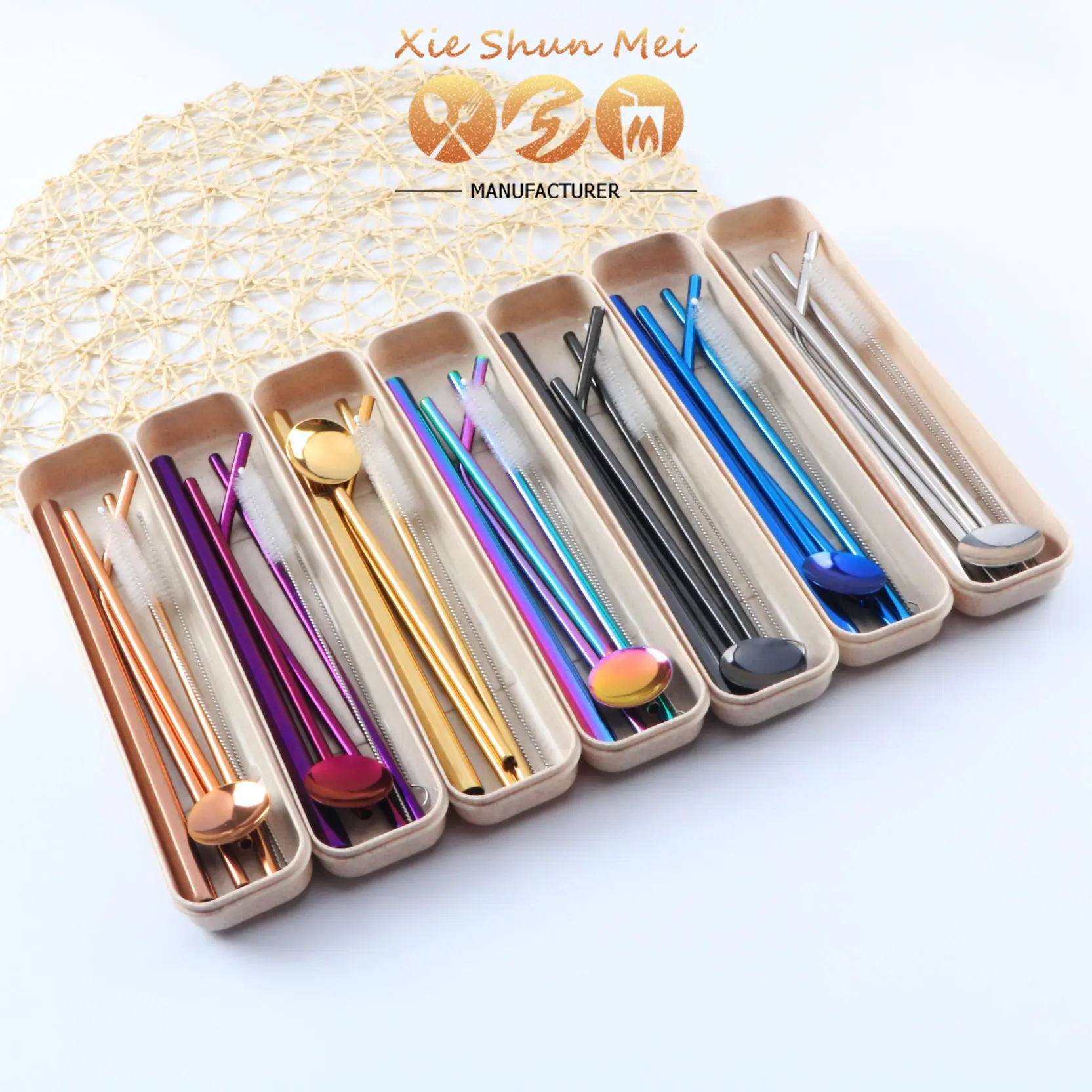 6pcs/set Eeo-friendly Custom Logo Reusable 304 Metal Stainless Steel Straw Set in box