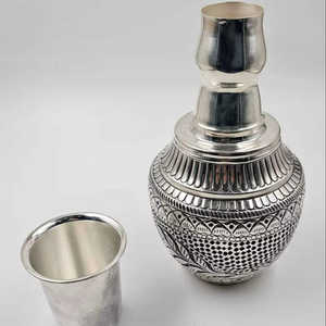 Pure Silver <b>Water</b> <b>Bottle</b> with Glass Traditional Floral Engraved Handcrafted Silver Drinkware for Daily Use and Gifting - Product Image 1