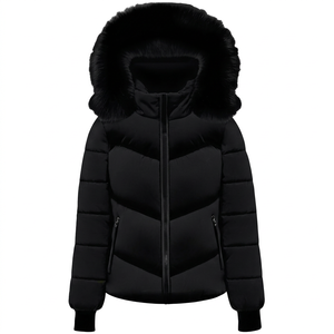 Unisex Black Hooded <b>Fleece</b> Printed Nonwoven Puffer <b>Jacket</b> Windproof Zipper Closure Casual Winter Wear Polyester <b>Lining</b> Front - Product Image 1