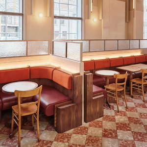 L Shaped Corner Curved Restaurant Booth Banquette Fluted Glass Partition Solid Wood <b>Dining</b> Chair <b>Round</b> Marble Top <b>Dining</b> <b>Table</b> - Product Image 1