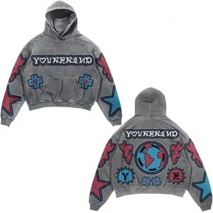 Sweats à capuche de mode Fabrication Stone Acid Wash Sweats à capuche courts Street Wear Distressed 100 Cotton Patch Sweatshirts Hommes - Product Image 2