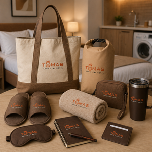 Corporate Travel Essentials Gift Set With Duffel Bag Slippers Water Bottle Notebook Towel Sleep Mask And Travel Pouch For Client - Product Image 1