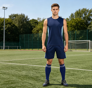 Nouvel ensemble d'entraînement de <span class=keywords><strong>football</strong></span> d'été 26 : débardeur et short de style américain, sans manches, séchage rapide, tissu perforé, ensemble deux pièces uni - Product Image 1