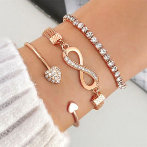 Benutzer definierte Frauen Kristall Pfirsich Herz Open Charm Armreif Mädchen Armband Set Multilayer Infinity Full Diamond Herz Armband - Product Image 3