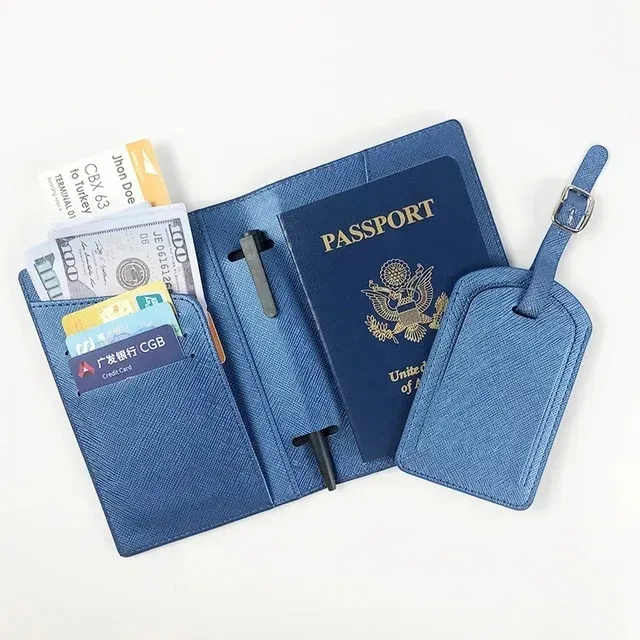 Famille homme femmes voyage portefeuille en cuir Pu passeport étui porte-carte sac et étiquette de bagage ensemble Logo personnalisé Saffiano passeport couverture