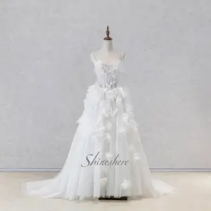 Nuova collezione elegante scollo senza spalline fiori 3d garza coda piccola una linea abito da sposa