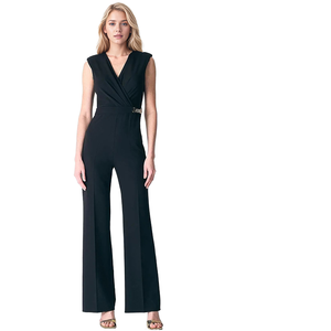 Combinaison élégante noire pour femme, col en V, sans manches, avec ceinture, taille haute, jambes larges, longueur intégrale, couleur unie, tenue de bureau - Product Image 1