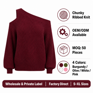 Maglione Pullover da Donna Oversize Personalizzato con Spalla Scoperta a Costine, Manica Lunga, OEM, Ordine all'Ingrosso, Produzione in Fabbrica - Product Image 4