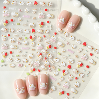 Autocollants pour ongles Kawaii, dessins animés 5D en relief, lapin blanc, fraise, nœud, autocollants adhésifs, mignons et doux, fournitures pour salon de manucure pour filles
