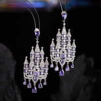 Boucles d'oreilles pendantes spectaculaires pour femmes, style palais, en cristal violet et strass, multi-couches, électroplaquées, avec pompons, luxe léger