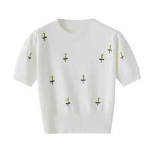 <span class=keywords><strong>Dalan</strong></span> Knitwear's Summer Slim Ice Silk T-Shirt para mujer bordado estilo coreano cintura alta corto nuevo Top de manga corta - Product Image 3