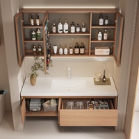Ensemble de meuble-lavabo de salle de bain de style médiéval classique rustique Wabi-Sabi avec vasque en céramique, dalle de pierre sans joint, miroir inclus, rangement et éclairage