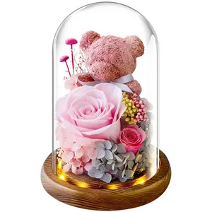 صندوق هدايا طحلب دب ورد مجففة باقة زهور إبداعية هدية عيد الحب غطاء زجاجي زهرة أبدية